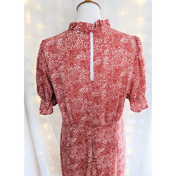 Nasty Gal 10 Red Floral Midi Dress Prairie Cottagecore Ruffle High Neck Keyhole - Picture 6 of 7
